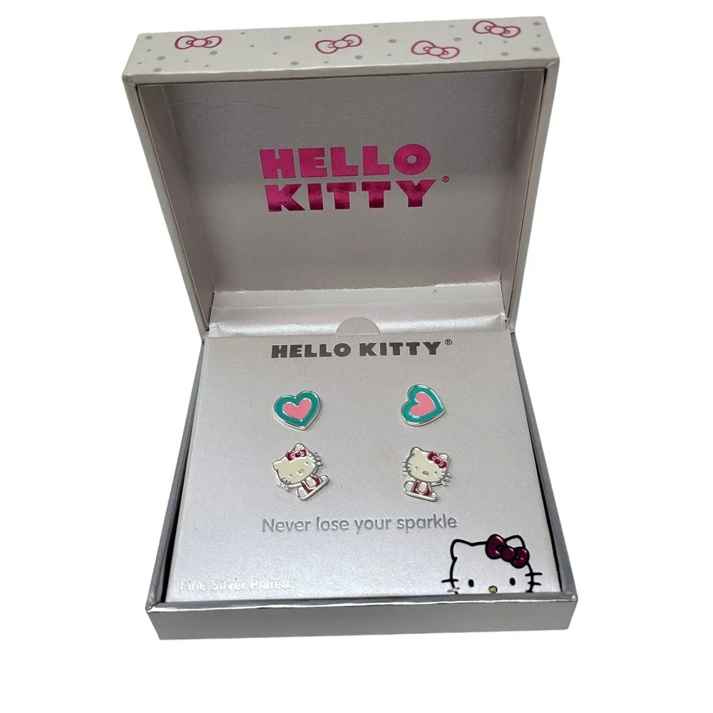 Hello Kitty Sanrio Kids Silver Plated Stud Earrings 2 Pair Set‎ Hearts Gift Box